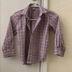Red gray and white plaid button down shirt for boy